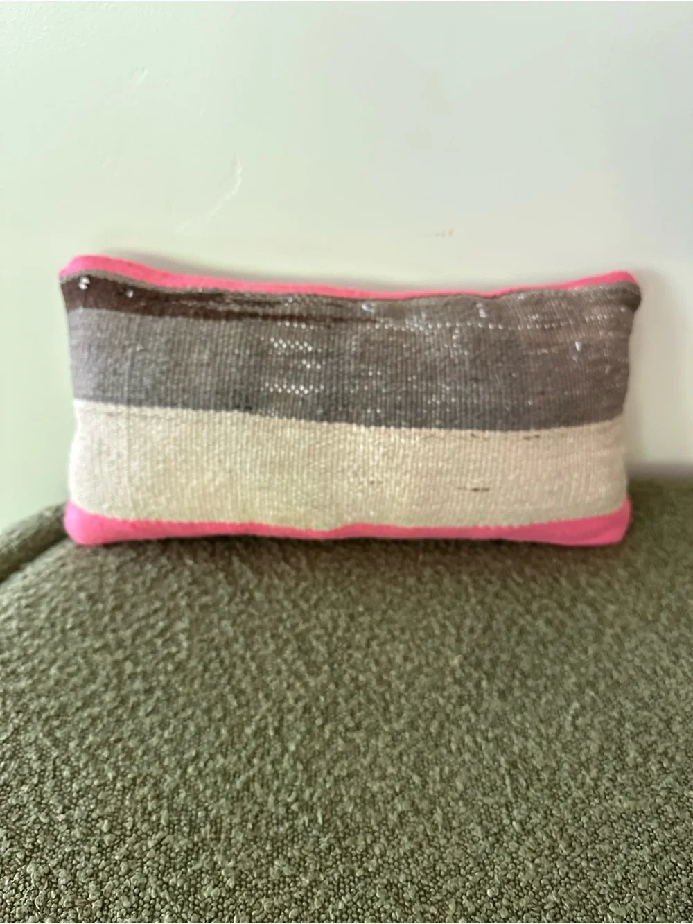 Boho Kilim Style Lumbar Throw Pillow Gray Cream Hot Pink 16” x 8”